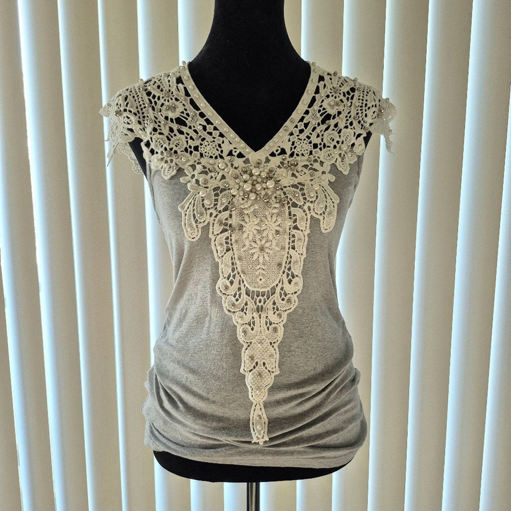 Gray Lace Embellished Women's Top